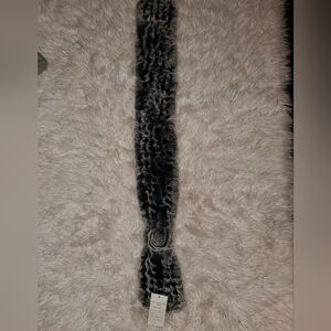 Elegant Black and Gray Real Rex Rabbit Fur Scarf With Rosette. NWT